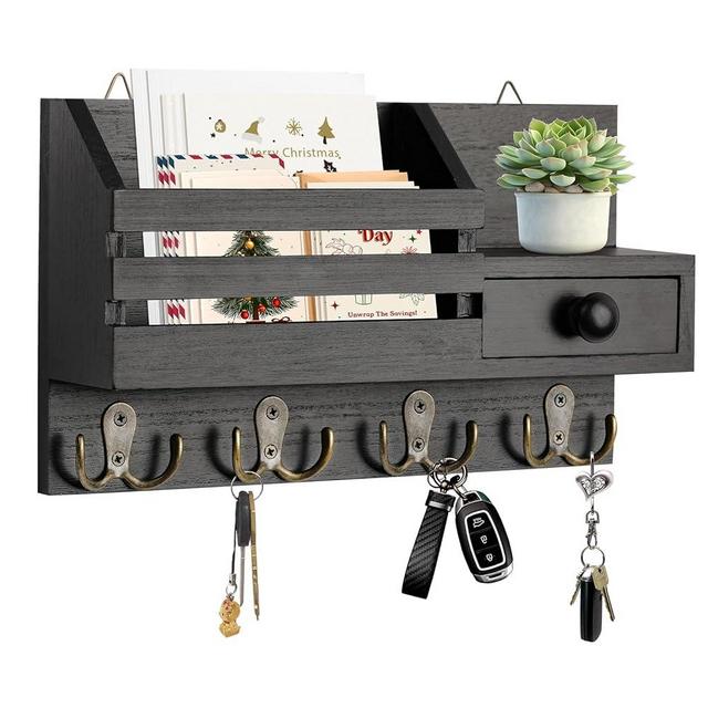 HOMEBROS Key Holder Wall Mount, Wooden Adhesive Mail and Key Organizer with Drawer, Small Shelf, 8 Hooks, 2 Installation Methods, Black