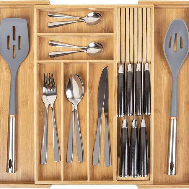 Bamboo-Silverware-Drawer-Organizer-Kitchen, Expandable Utensil Holder Cutlery Tray Flatware Organization Adjustable Wood Tableware Dividers Storage with Knife Organizer Drawer Insert for Utensils