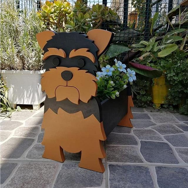 FUMENG Animal Shape Planters Garden Dog Wooden Planters Personalized Cute Flower Pot for Balcony Courtyard Garden Decoration,Yorkshire Terrier