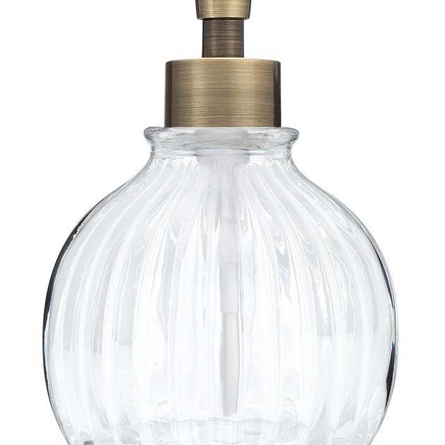 Rail19 Greyson Globe Glass Soap Dispenser with Metal Pump - Refillable Liquid Hand Soap for Bathroom and Kitchen, 12oz (Antique Brass)