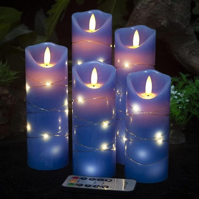 danip Royal Blue Flameless Candle, Built-in Star String, 5 LED Candles, 11-Button Remote Control, 24-Hour Timer (Royal Blue)
