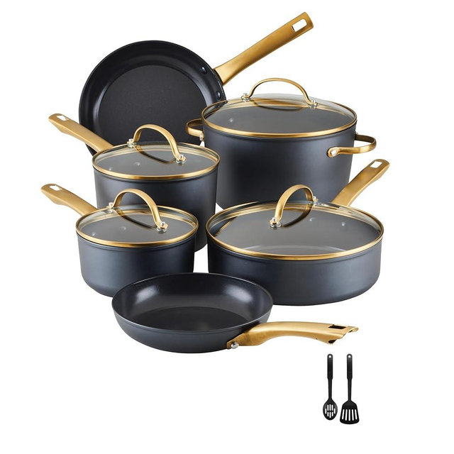 Farberware Forged Induction Ceramic Nonstick Pots and Pans Set with Lids and Kitchen Cooking Tools - Dishwasher Safe, Suitable for All Stovetops, 12 Piece Cookware Set - Black and Gold