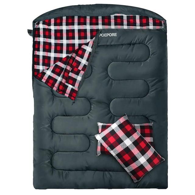 POEPORE Double Sleeping Bag Flannel for Adults with 2 Pillows 2 Person Sleeping Bags Camping XXL Queen Size Two Person Sleeping Bag for Cold Weather