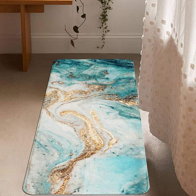 Uphome Extra Long Bath Rugs Luxury Turquoise Marble Bathroom Runner Rugs Ultra Soft Microfiber Velvet Bath Mat Non-Slip Washable for Bathroom Accessories 24x59