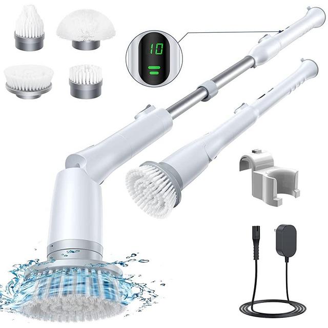 LABIGO Electric Spin Scrubber LA2 Pro, Shower Cleaning Brush with 4 Replaceable Brush Heads,2 Adjustable speeds and 3 Adjustable Extension Handle, Power Cleaning Brush for Bathroom Floor Tile