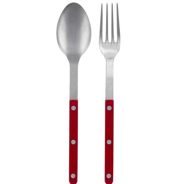 SABRE PARIS - 2-Piece Serving Set - Bistrot Collection - Large Fork & Large Spoon - Stainless Steel & Nylon - Dishwasher Safe - Burgundy - Brilliant Finish