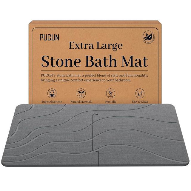PUCUN 32 * 20 Stone Bath Mat Extra Large Diatomaceous Earth Non-Slip Shower Mat,Diatomite Quick Drying Mat for Bathroom Floor -Super Absorbent,Natural, Easy to Clean Grey