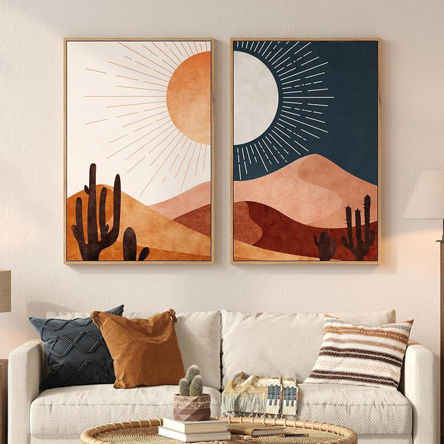 Large Framed Boho Desert Wall Art for Living Room, Set of 2 Sun and Moon Cactus Landscape Artwork, Mid Century Modern Bohemian Paintings Prints for Bedroom Home Office Hallway Wall Decor, 24x36 Inch
