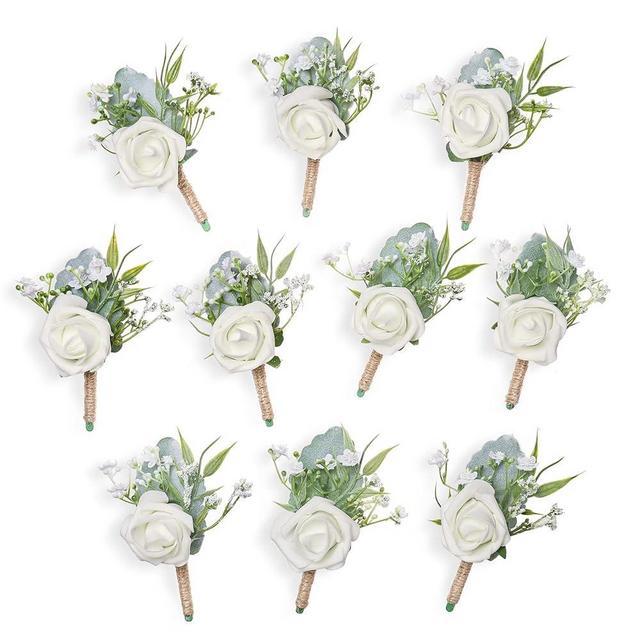 YSUCAU Rose Boutonnieres for Men Wedding Groom and Groomsmen White Boutonniere for Rustic Fall Vintage Wedding Prom Set of 10