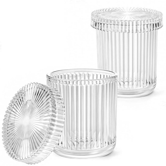SheeChung 2-Pack Ribbed Glass Apothecary Jars - Clear Qtip Holder Dispenser Set - Vintage Bathroom Vanity Organizer for Cotton Swabs, Balls, Pads, Floss Picks - Modern Farmhouse Decor