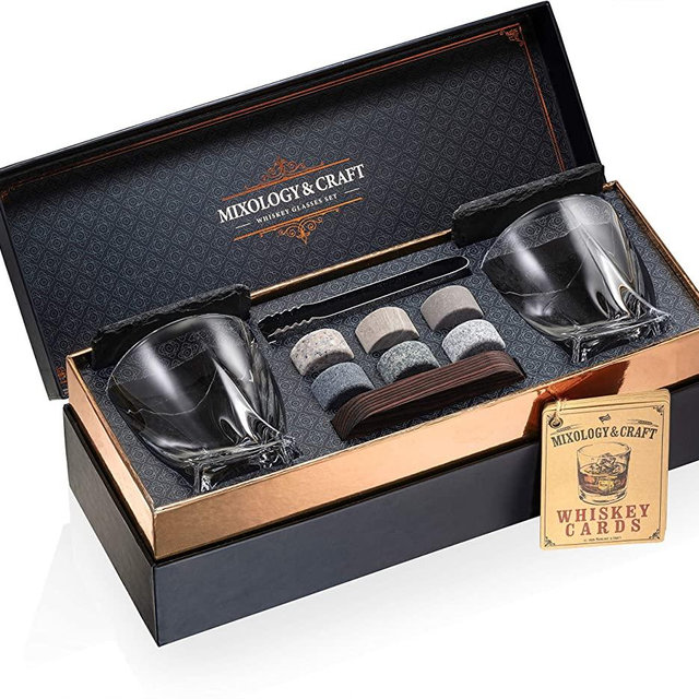 Whiskey Stones Gift Set for Men | Whiskey Glass and Stones Set with a Classy Gift Box, 6 Granite Round Whiskey Stones and 10oz Whiskey Glasses | Whiskey Lovers Gifts For Men, Dad, Husband, Boyfriend