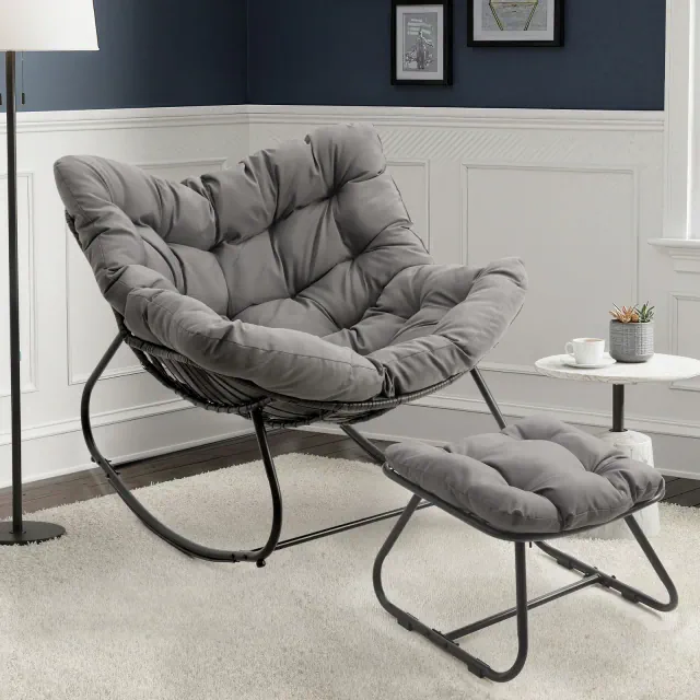 Heynemo Oversized Rattan Papasan Chair with Ottoman, Outdoor Indoor Rocking Egg Chair with Cushions, Metal Lounge Chair , Patio Rocking Chair