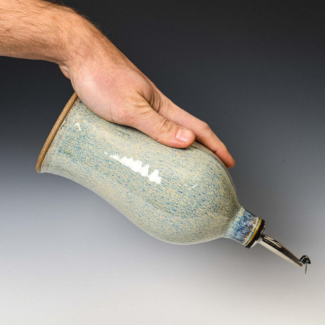 Handmade Stoneware Olive Oil Bottle: Blue & White Glaze, Non-Drip Spout
