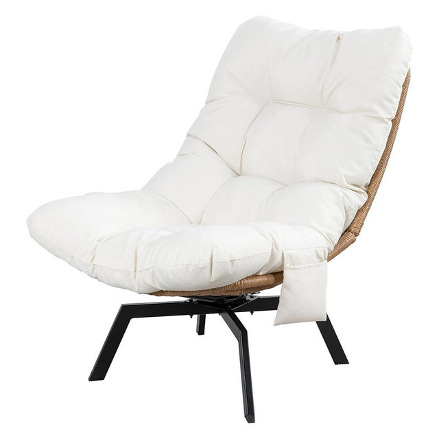 Shintenchi Outdoor Rattan Swivel Chair,Nature Wicker Patio Rotating Chair with Beige Thickened Cushion and Side Pocket,360° Rotation Patio Lounge Chairs for Living Room Bedroom Backyard Balcony