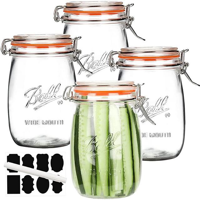Wide Mouth Glass Jars with Airtight Lid 32OZ 4 Pack,Glass Kitchen Storage Mason Jars with Hinged Lid,Large Clear Storage Canister Jars with Measurement Marks For Canning,Coffee,Flour,Sugar,Beans,Cookies