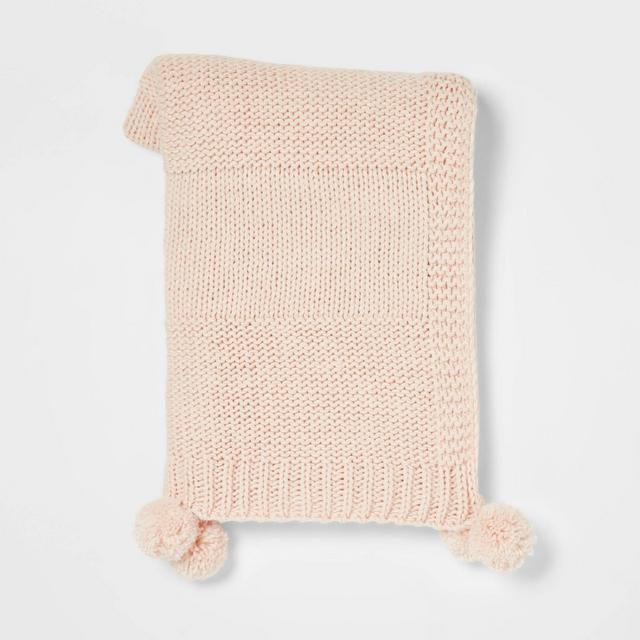 Chunky Knit Throw Blanket with Pom-Poms Blush - Threshold™