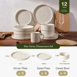 Famiware Star Dinnerware Set, Plates and Bowls Sets for 4 (12pcs), Ribbed Stoneware Dishes - Chip & Scratch Resistant, Microwave & Dishwasher Safe Tableware, White