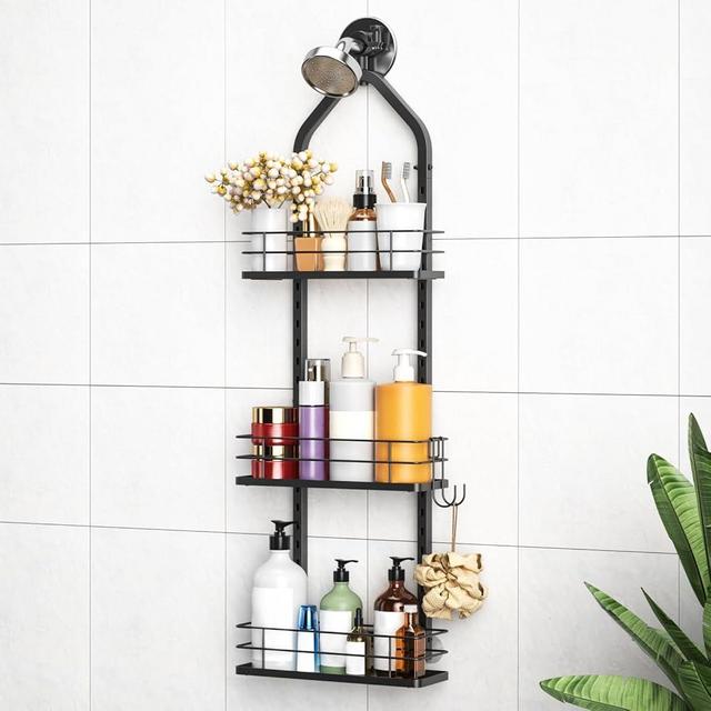 Shower Caddy Hanging (Black), Adjustable Anti-Swing-Over The Shower Head Caddy, 3 Tier Height Bathroom Storage Organizer Bathroom Shelves Basket Rack Shower Caddies (3Tier)
