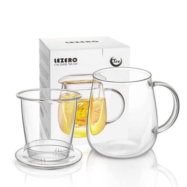 Glass Tea Infuser Cup with Strainer and Lid 3 IN 1 Gift Kit, 17oz Borosilicate Glass Teacup with Tea Filter for Blooming Tea and Loose Leaf Tea, Filter 99% of Tea Leaves, Lead-free, Microwave Safe