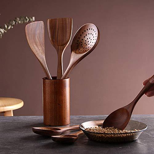 Kitchen Utensil Set for Cooking, Wooden Cooking Spoons and Spatulas, Set of 7 (Add Holder)