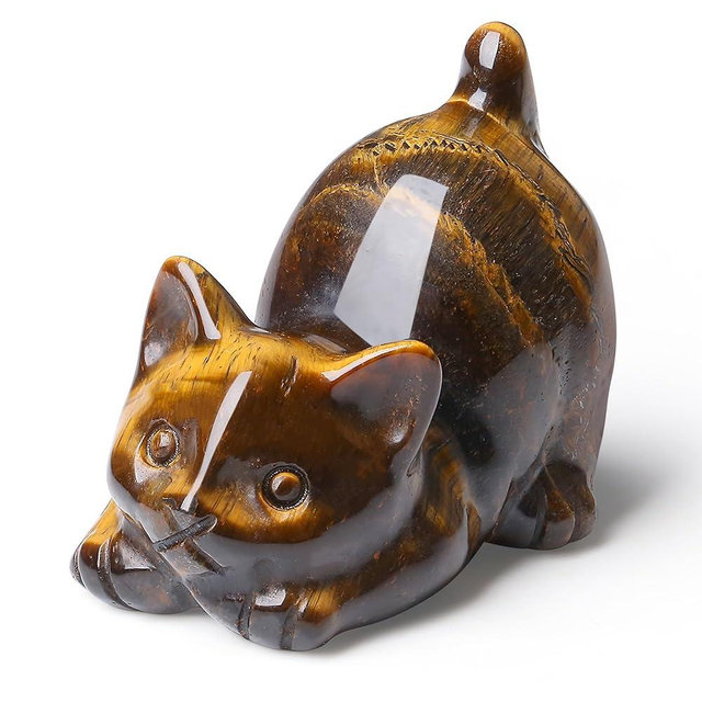 NUKAYAI Tiger Eye Cat Figurine Statue Healing Crystal Stone Natural Carved Figurines for Home Office Decor Cute Lazy Sculpture Decoration Gemstones Cat Gifts for Lovers Women Men