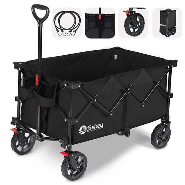 Sekey Collapsible Foldable Wagon with 220lbs Weight Capacity, Heavy Duty Folding Utility Garden Cart with Big All-Terrain Beach Wheelsand Drink Holders. Black