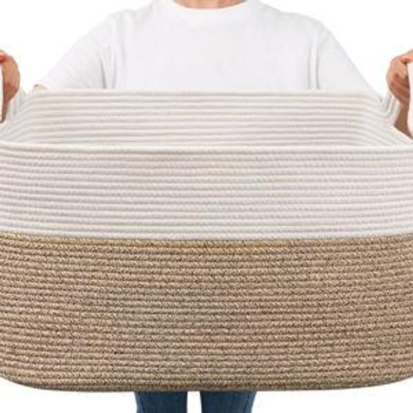 Goodpick Large Blanket Basket, Woven Basket for Storage Rectangle Dirty Clothes Basket for Laundry, Living Room, Nursery, Bedroom Rope Storage Basket for Blankets, Toys, 21.6" x 14.9" x 11.8"