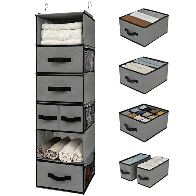 GRANNY SAYS Hanging Closet Organizer 6 Shelves, Closet Organization and Storage with 5 Different Drawers, 6 Side Pockets Wardrobe Clothes Organizer for Closet, Gray, 1-Pack