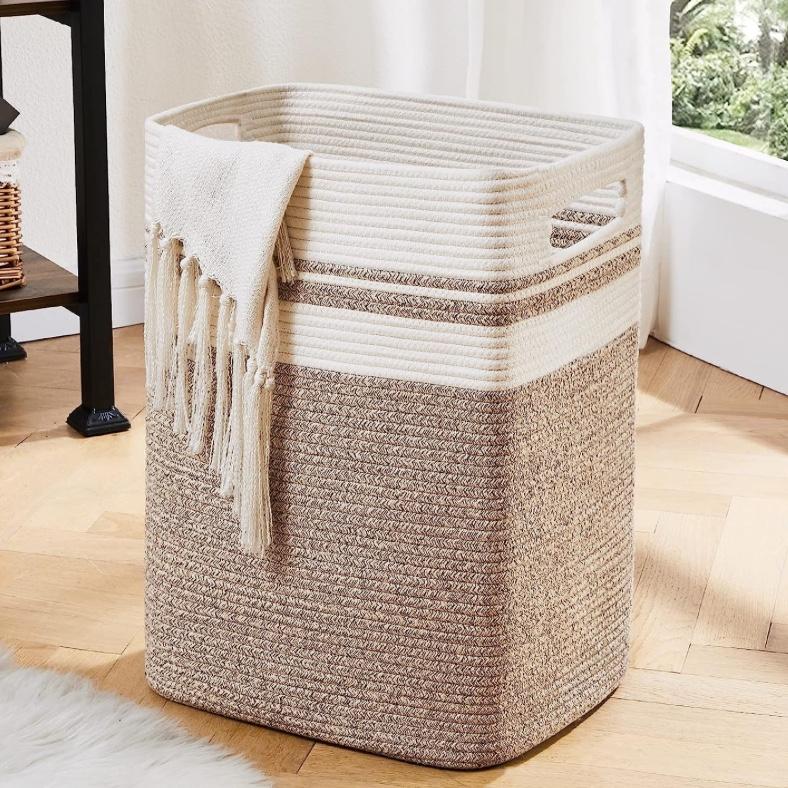 OIAHOMY Laundry Hamper-Laundry Basket,Tall Cotton Storage Basket with Handles,Decorative Blanket Basket for Living room,Collapsible Large Basket for Toys,Pillows,Clothes-16x13x22in-Yellow variegated