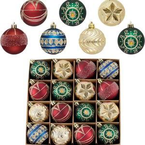Valery Madelyn Ornaments for Christmas Tree Decorations, 16ct 2.36 Inches Red Green Blue and Gold Shatterproof Christmas Ornaments Set Bulk, Luxury Hanging Decor for Xmas Party Holiday