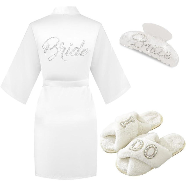 Tkifoda Bride To Be Gift Set - Makeup Bag, Slippers, Robe, Hair Clip - Wedding Gifts