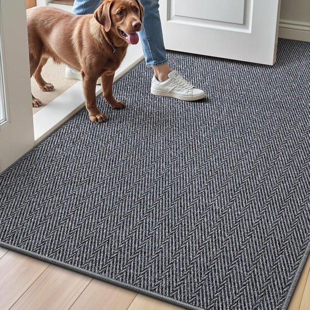LUMI Ultra Thin Indoor Door Mat for Entrance 32"x48", Non Slip Entryway Mat, Low Profile Doormat, Unique Herringbone Design Carpet for Inside, Patio, Porch, Dark Gray