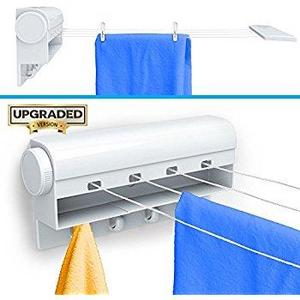 Gideon Indoor 4-Line Laundry Retractable Clothesline – Wall Mounted Clothes Dryer with 4 Bonus Hanging Hooks - Instantly Adds 40 Feet of Drying Rack Space – 10 Free Clothespins Included [UPGRADED]
