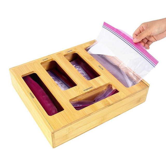 Bag Storage Organizer Compatible with Ziploc Gallon, Quart, Sandwich & Snack Sized Slider Bags,Bamboo Organizer For Drawer(13.7"L*11.8H"*3.1W")