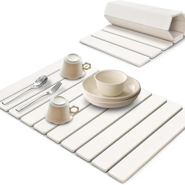 Large Stone Dish Drying Mat for Kitchen Counter, 24"(L)×16"(W), Collapsible Quick Drying Mat, Absorbent Eco-Friendly Diatomaceous Earth Mats for Dishes Bottles, Match Any Countertop - White