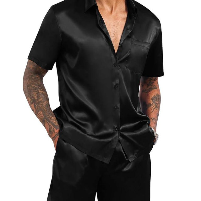 LecGee Men's Satin 2 Piece Outfits Lapel Shirt and Shorts Short Sleeve Button Down Tracksuit Luxury Set Prom Club Party
