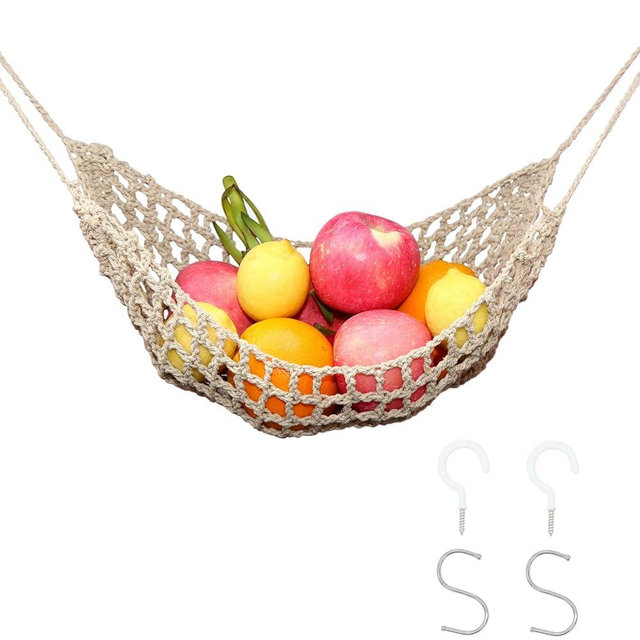 Fruit Hammock for Kitchen Under Cabinet - Large Macrame Fruit Hammock for Kitchen Décor - Storage That Saves Counter For More Counter Space at Home, Boat, or Rv,with 4 Hooks.(nature)