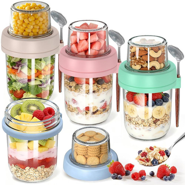 4 Pack Overnight Oats Containers with Lids and Spoons, 20 oz (16+4) Overnight Oats Jars with Dry and Wet Separation for Oatmeal Cereal Fruit Salad Yogurt, Dual-Layer Yogurt Parfait Cups with Lids