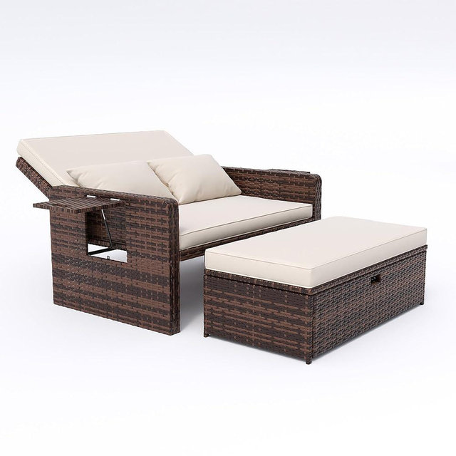Amopatio Wicker Outdoor Daybed, Outdoor Loveseat with Storage Ottoman, Rattan Patio Daybed, Patio Loveseat with 4-Level Adjustable Backrest & Folding Tray, for Yard, Balcony, Porch, Poolside, Beige