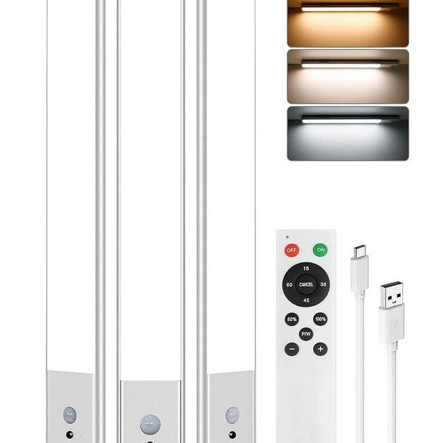 Under Counter Lights for Kitchen, Rechargeable Under Cabinet Lighting Wireless Motion Sensor Light Indoor 64 LED 3 Color Temps Dimmable with Remote for Closet Stairs Wardrobe Hallway 3 Pack