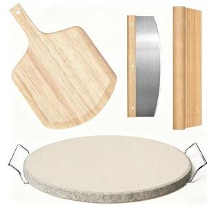13 in. 5-Piece Pizza Stone Set with Peel, Rack, Cutter Baking Papers for Oven and Grill