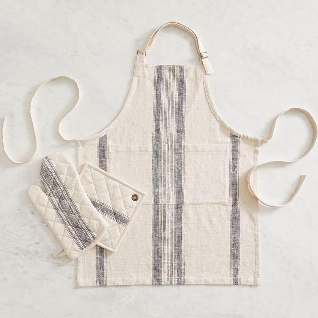 French Striped Organic Apron, Oven Mitt, & Pot Holder Set of 3 - Charcoal/Flax