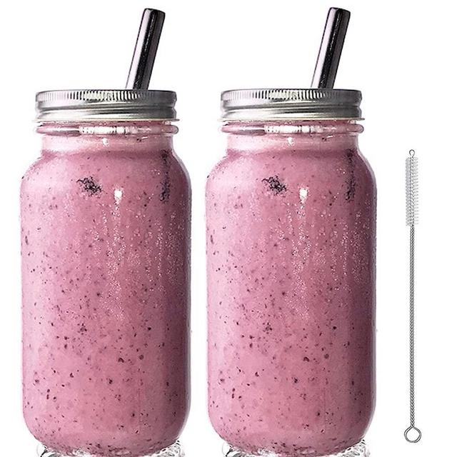 Smoothie Cups Mason Drinking Jar Regular Mouth Glass Mason Jars 24oz Smoothie Cups with Lid and Stainless Steel Straw (2-Silver) 100% Eco Friendly by Jarming Collections (2, 24oz)