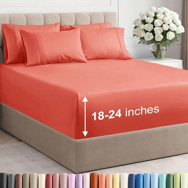 Extra Deep Cal King Sheet Set - 6 Piece Breathable and Cooling Sheets - Hotel Luxury Bedding for Women, Men, Kids & Teens - Easy Secure Fit - Soft, Wrinkle Free and Comfy - Extra Deep Pockets - Coral