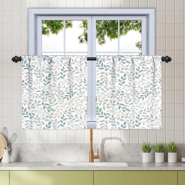 Renaiss 26 x 24 Inch Grey Blue Leaves Kitchen Window Curtains Over Sink Botanical Rustic Country Half Window Curtains Filtering Light Rod Pocket Window Drapes for Farmhouse Bathroom Basement 2 Panels