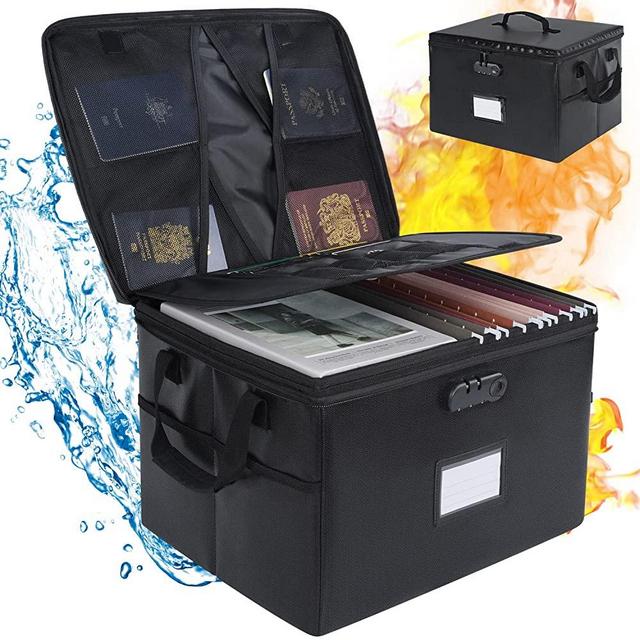 Fireproof Document Box, Water-Resistant File Organizer Box with Lock, Collapsible Portable Home Office Locking Storage Box Bin Filing Cabinet with Handle for Hanging Letter/Legal Size Folder, Black