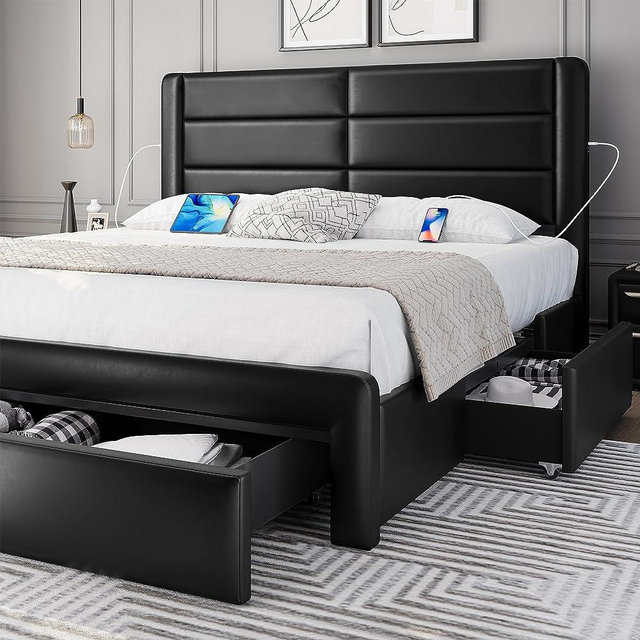 Yaheetech King Size Bed Frame with 2 USB Charging Station/Port for Type A&Type C/3 Storage Drawers, Leather Upholstered Platform Bed with Headboard/Solid Wood Slat Support/No Box Spring Needed/Black