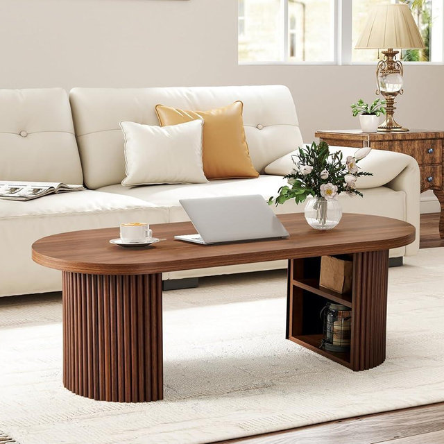 Oval Fluted Coffee Table, 47" Farmhouse Wood Coffee Table Mid Century Modern Center Table Boho Living Room Tables for Living Room Office,Walnut