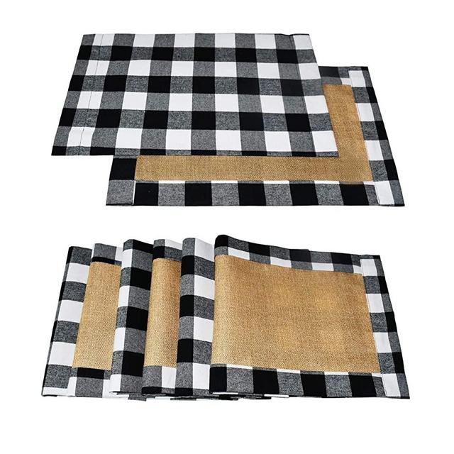 Senneny Set of 6 Christmas Placemats Buffalo Check Placemats Black White Plaid Reversible Burlap & Cotton Placemats for Christmas Holiday Table Home Decoration (Black and White)