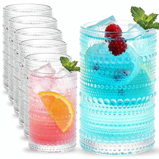 TAJZYX Hobnail Drinking Glasses Set of 12,12 oz Vintage Embossed Highball Glasses, Durable Glass Cups for Water, Cocktail, Beer, Whiskey, Juice & Bar Use